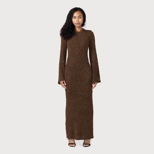 Womens L/S Knit Maxi Dress - Brown