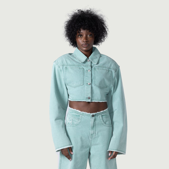 Raw Edge Cropped Jacket - Green