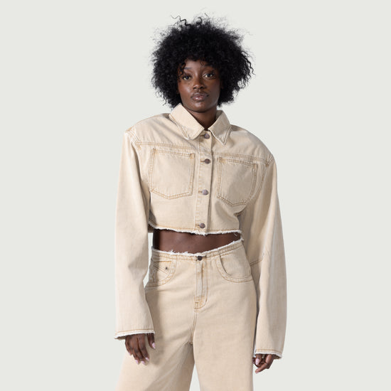 Raw Edge Cropped Jacket - Tan