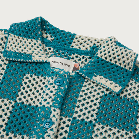 Unisex Crochet S/S Button Down - Teal