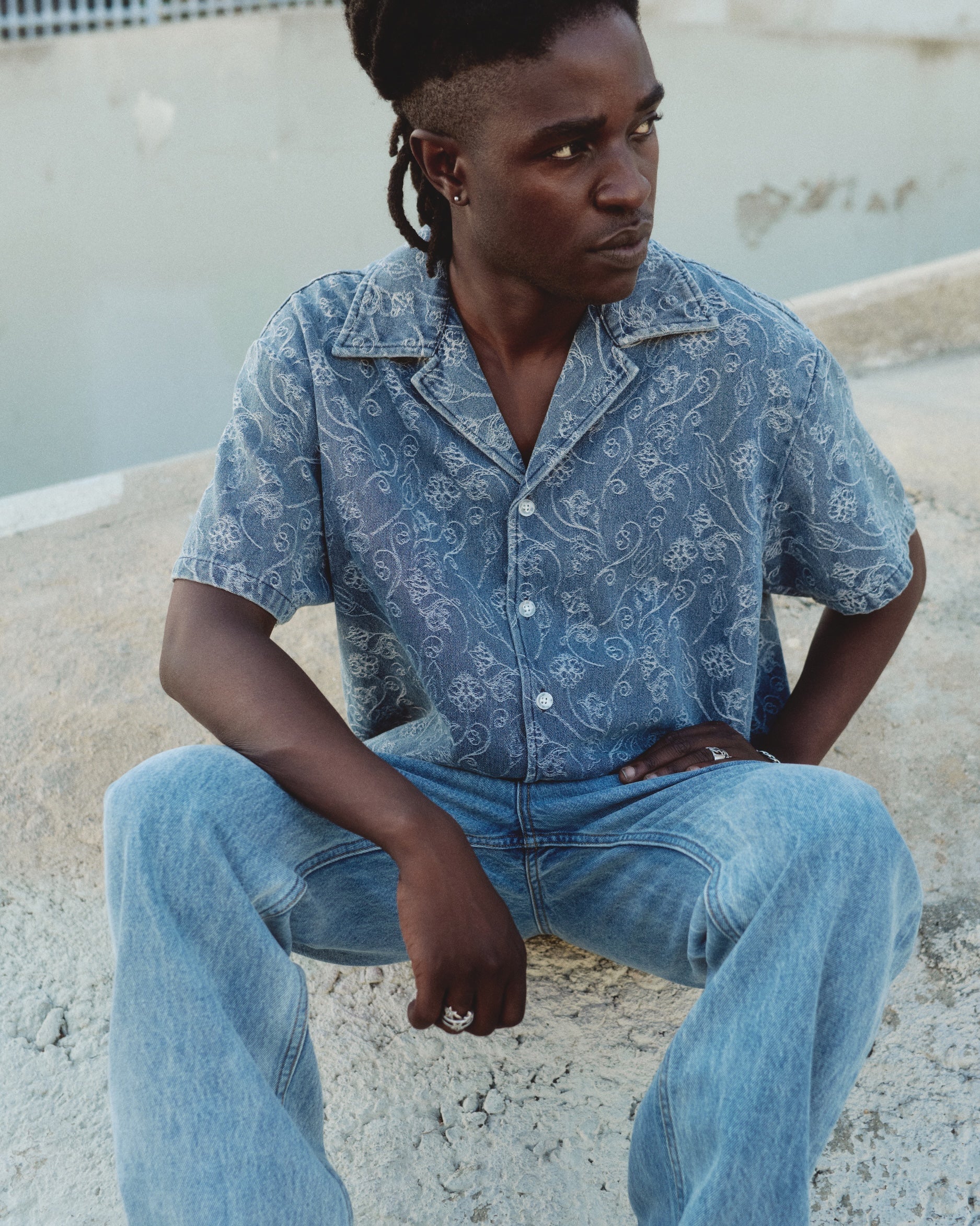 Jacquard Short Sleeve Camp Shirt - Light Indigo