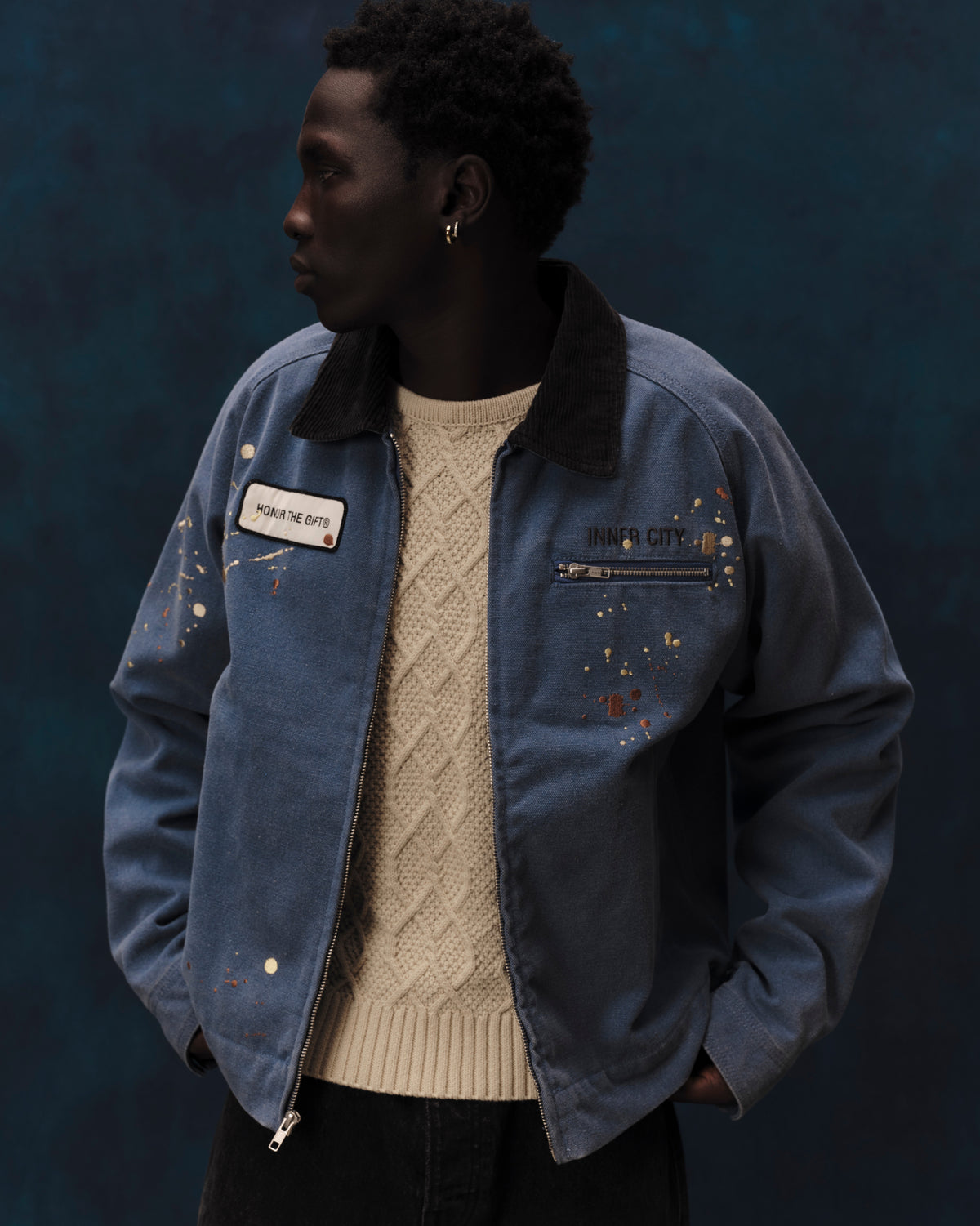 Embroidered Canvas Work Jacket - Pacific Blue