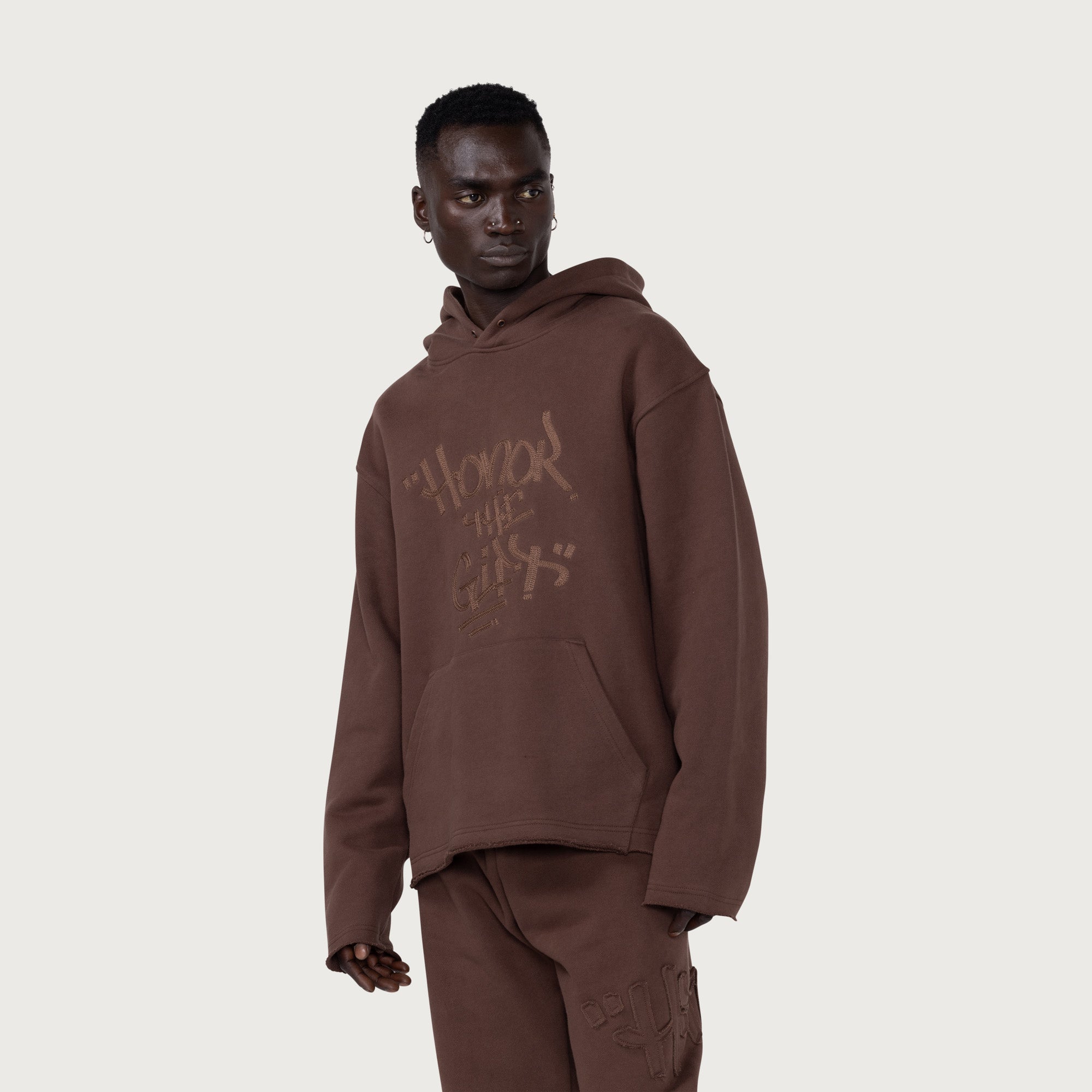 Script Embroidered Hoodie Brown Honor The Gift