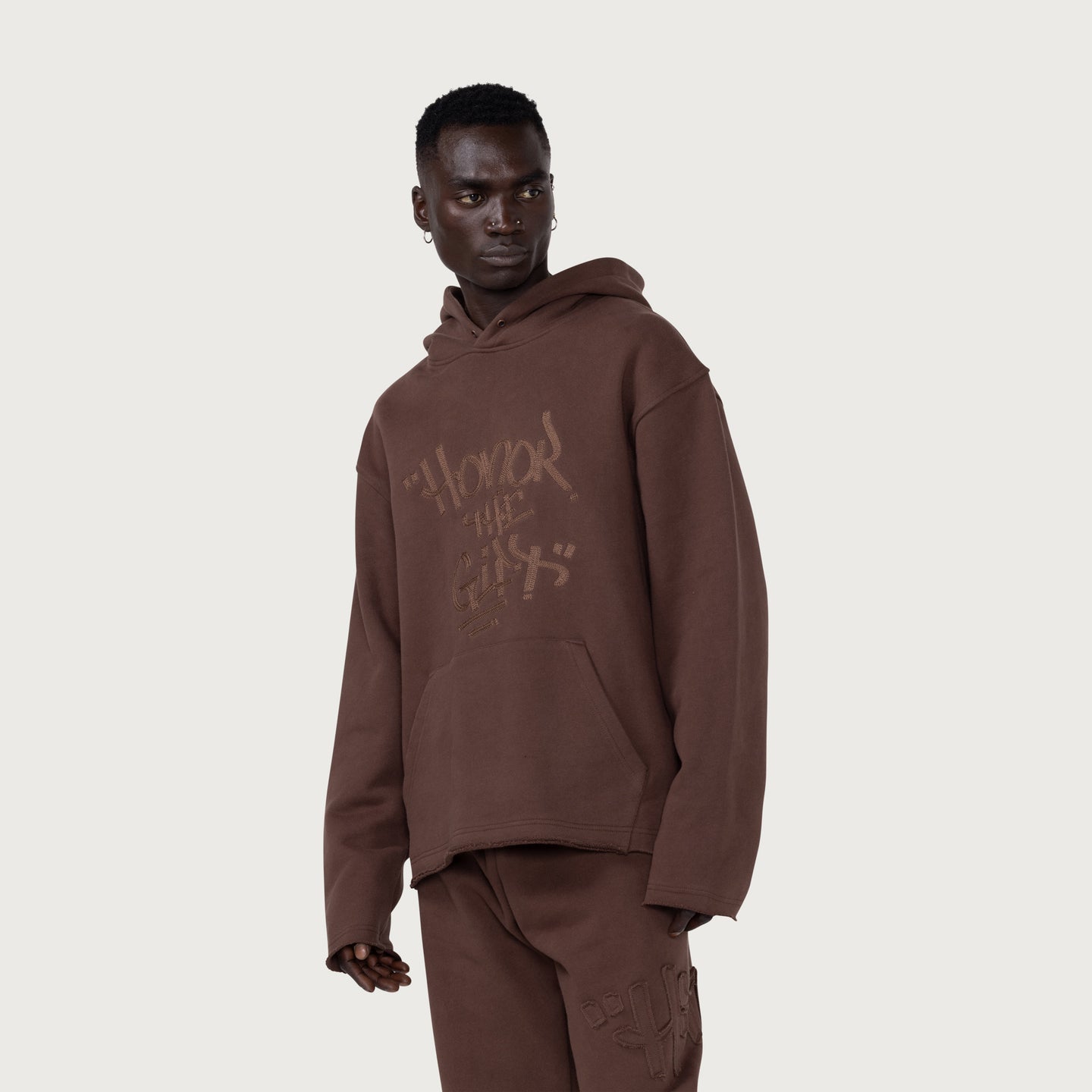 Script Embroidered Hoodie - Brown