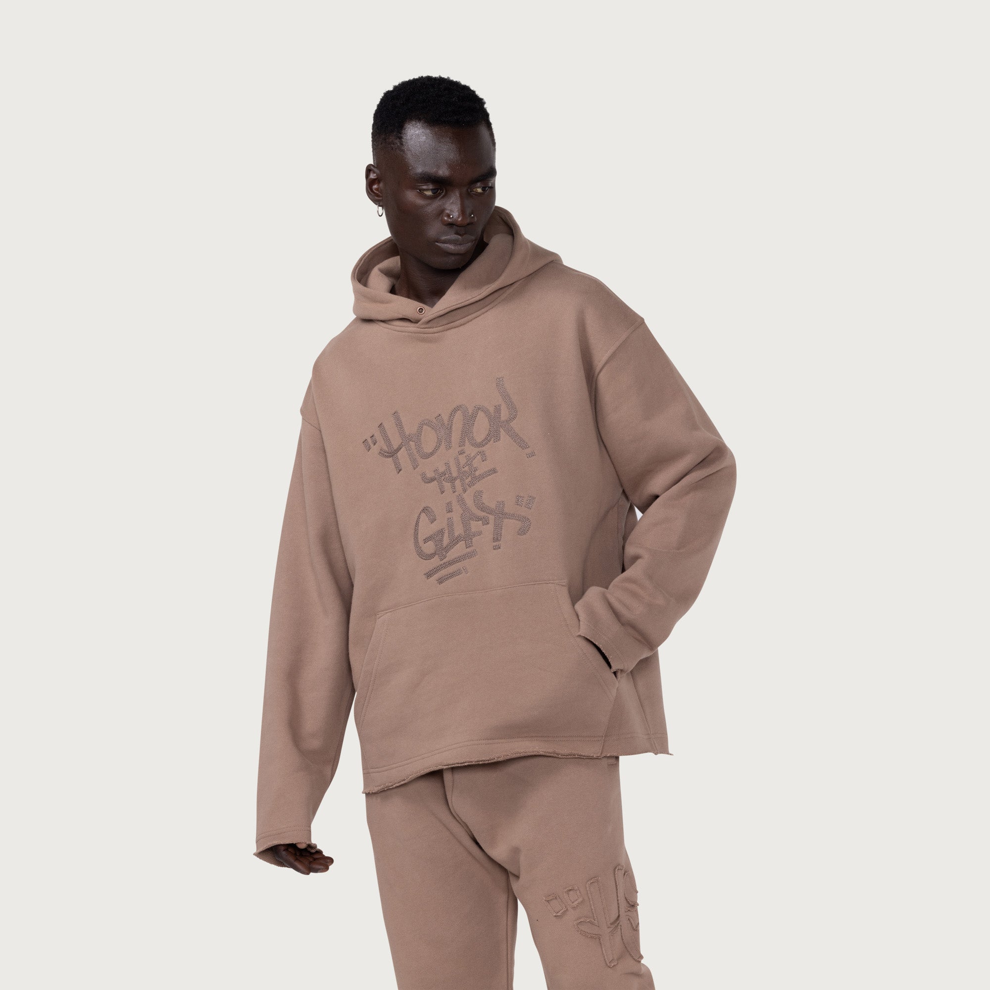 Script Embroidered Hoodie Lt. Brown Honor The Gift