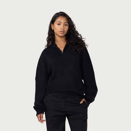 Womens Oversize Knit Quarter Zip - Black