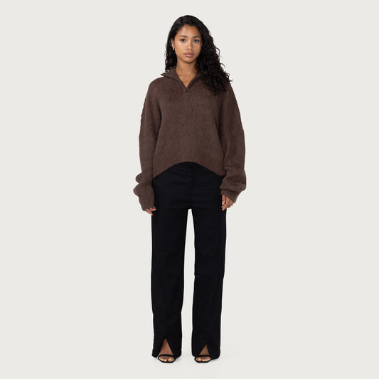 Womens Oversize Knit Quarter Zip - Brown