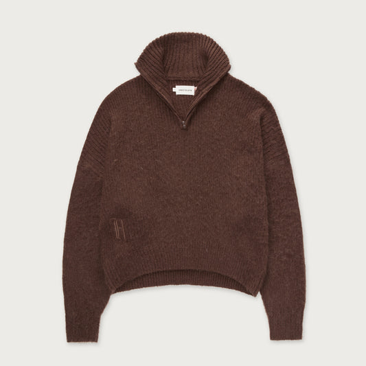 Womens Oversize Knit Quarter Zip - Brown