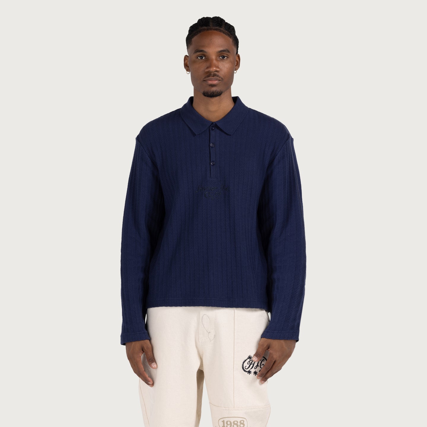 Long Sleeve Knit Polo - Navy