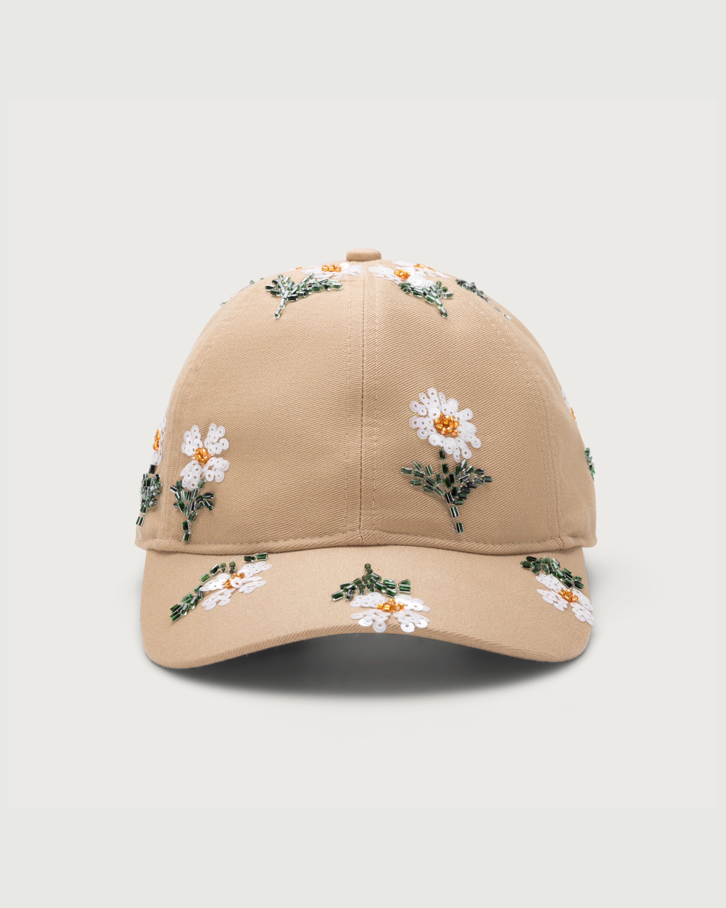 花朵串珠六片帽 - 灰褐色