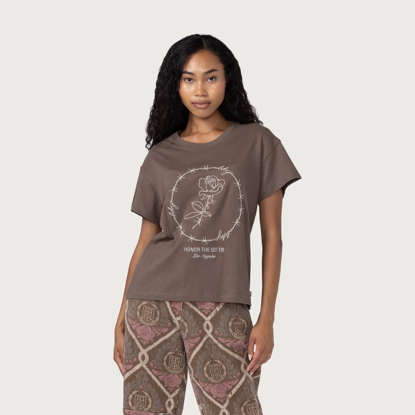 Womens Barbwire Rose T-Shirt - Brown