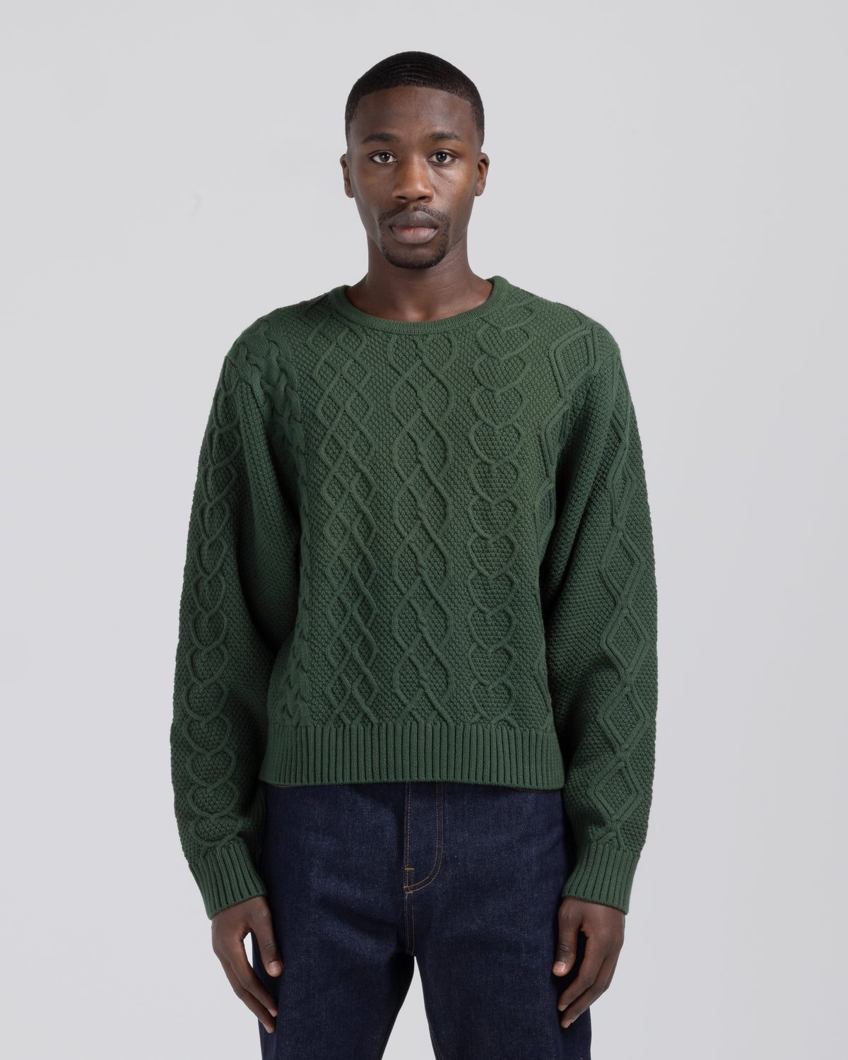 Cable Knit Crewneck Sweater - Forest