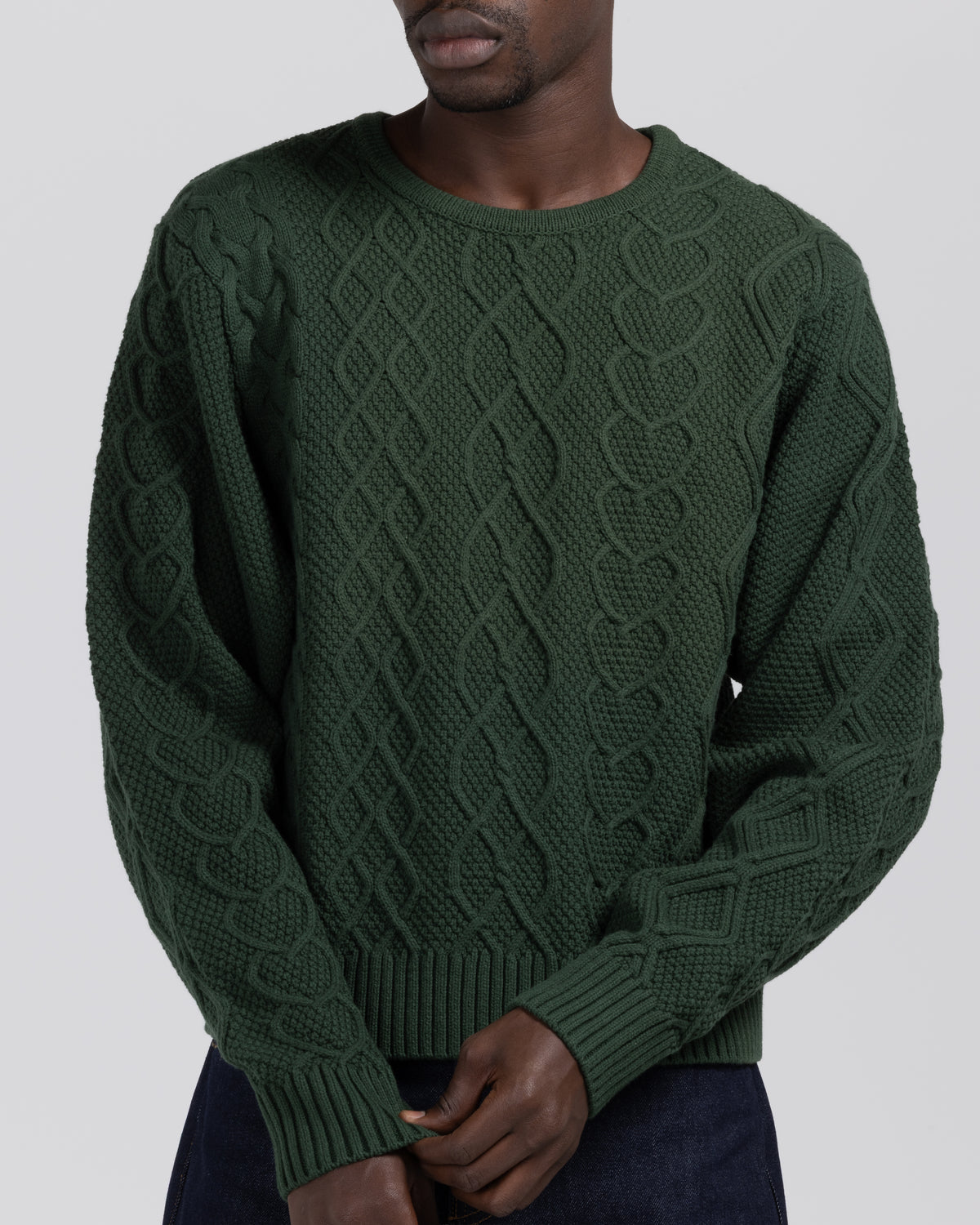 Cable Knit Crewneck Sweater - Forest