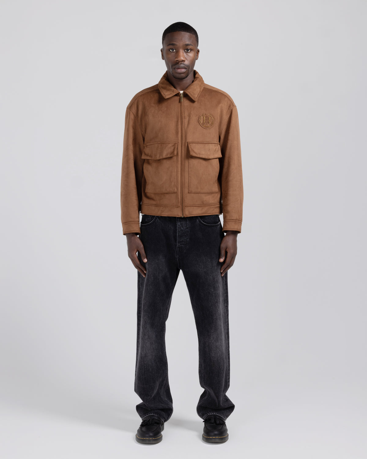 Emblem Suede Flight Jacket - Brown