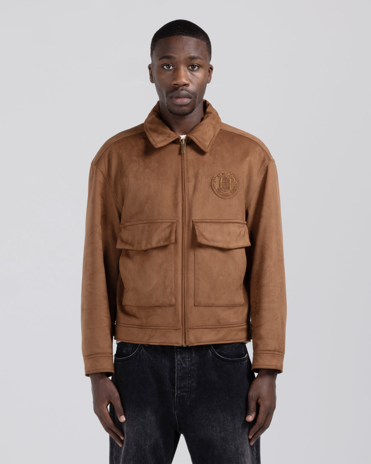 Emblem Suede Flight Jacket - Brown