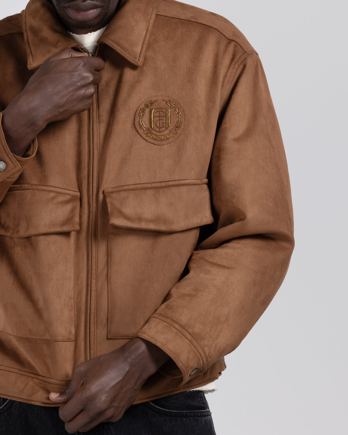 Emblem Suede Flight Jacket - Brown