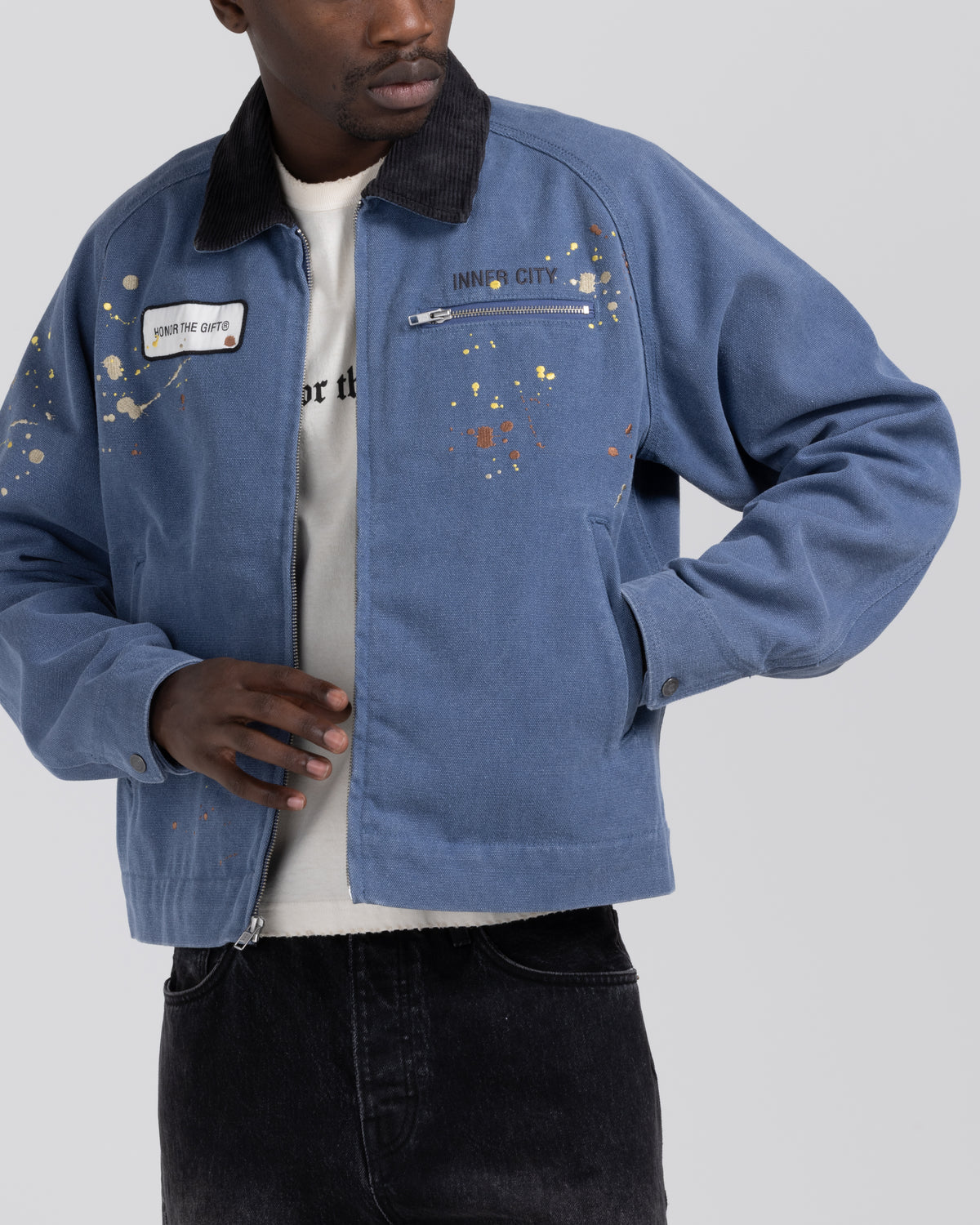 Embroidered Canvas Work Jacket - Pacific Blue