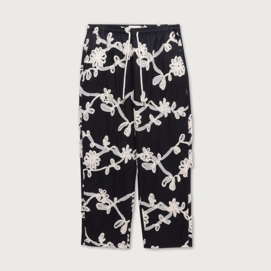 Floral Ribbon Ankle Pant - Black