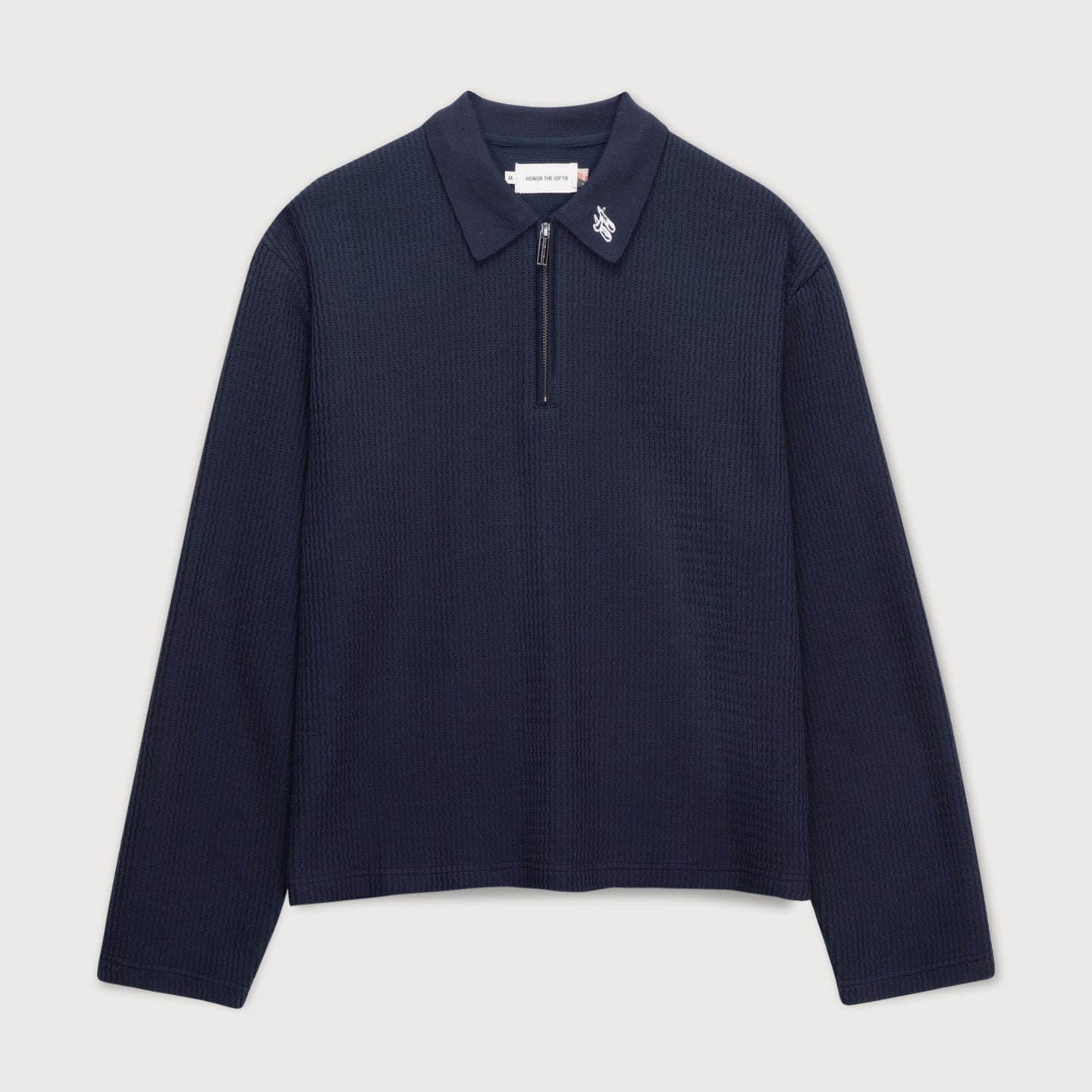 Wavy Knit L/S Polo - Navy