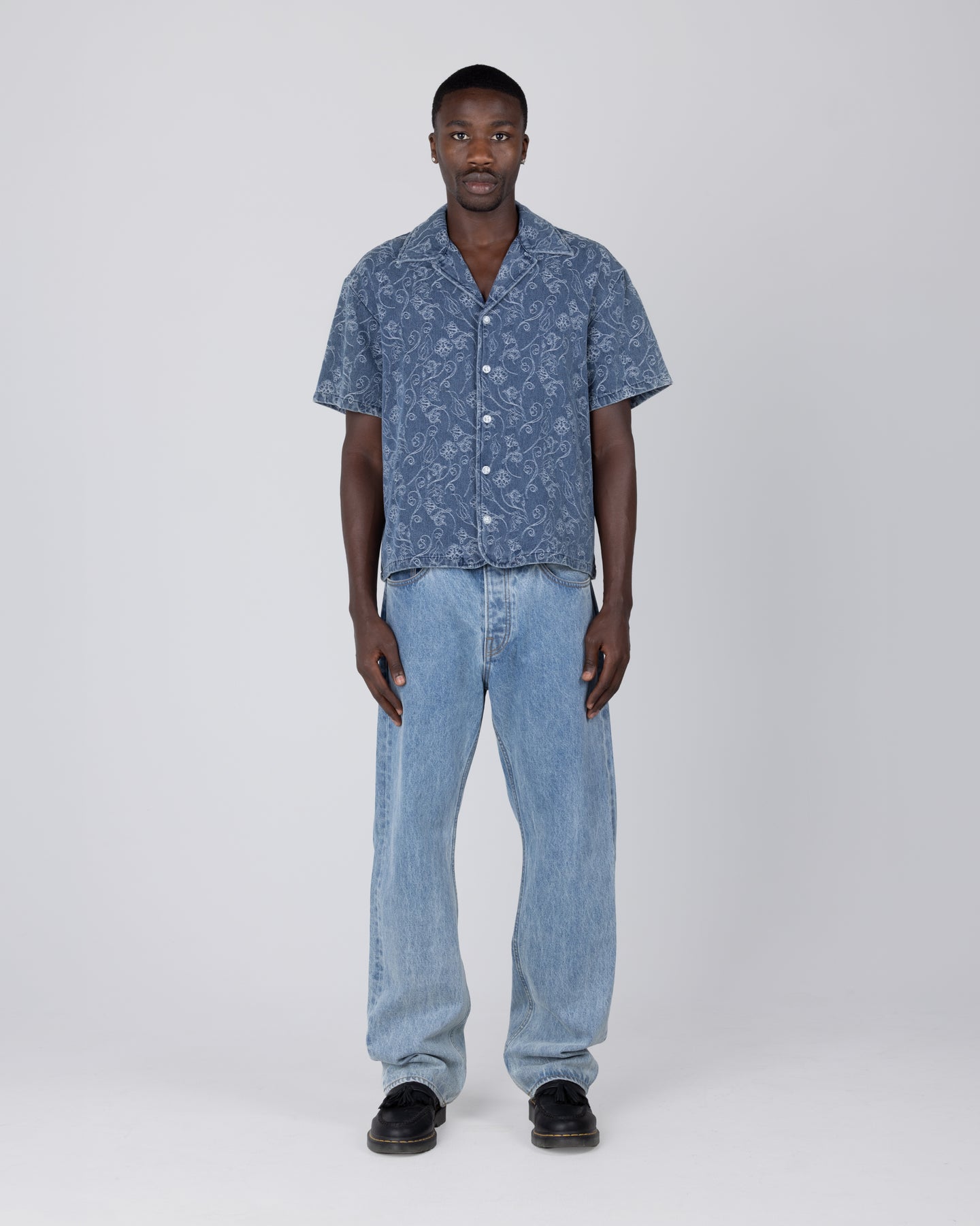 Jacquard Short Sleeve Camp Shirt - Light Indigo