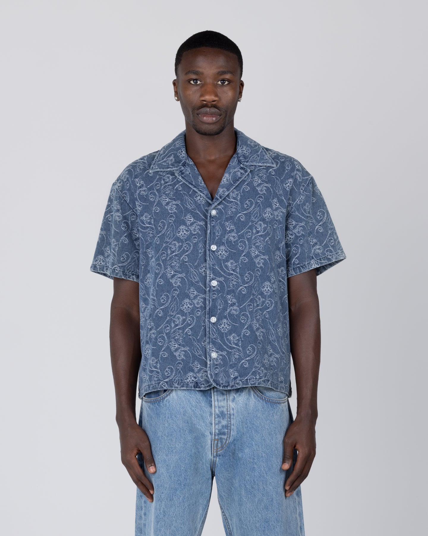 Jacquard Short Sleeve Camp Shirt - Light Indigo