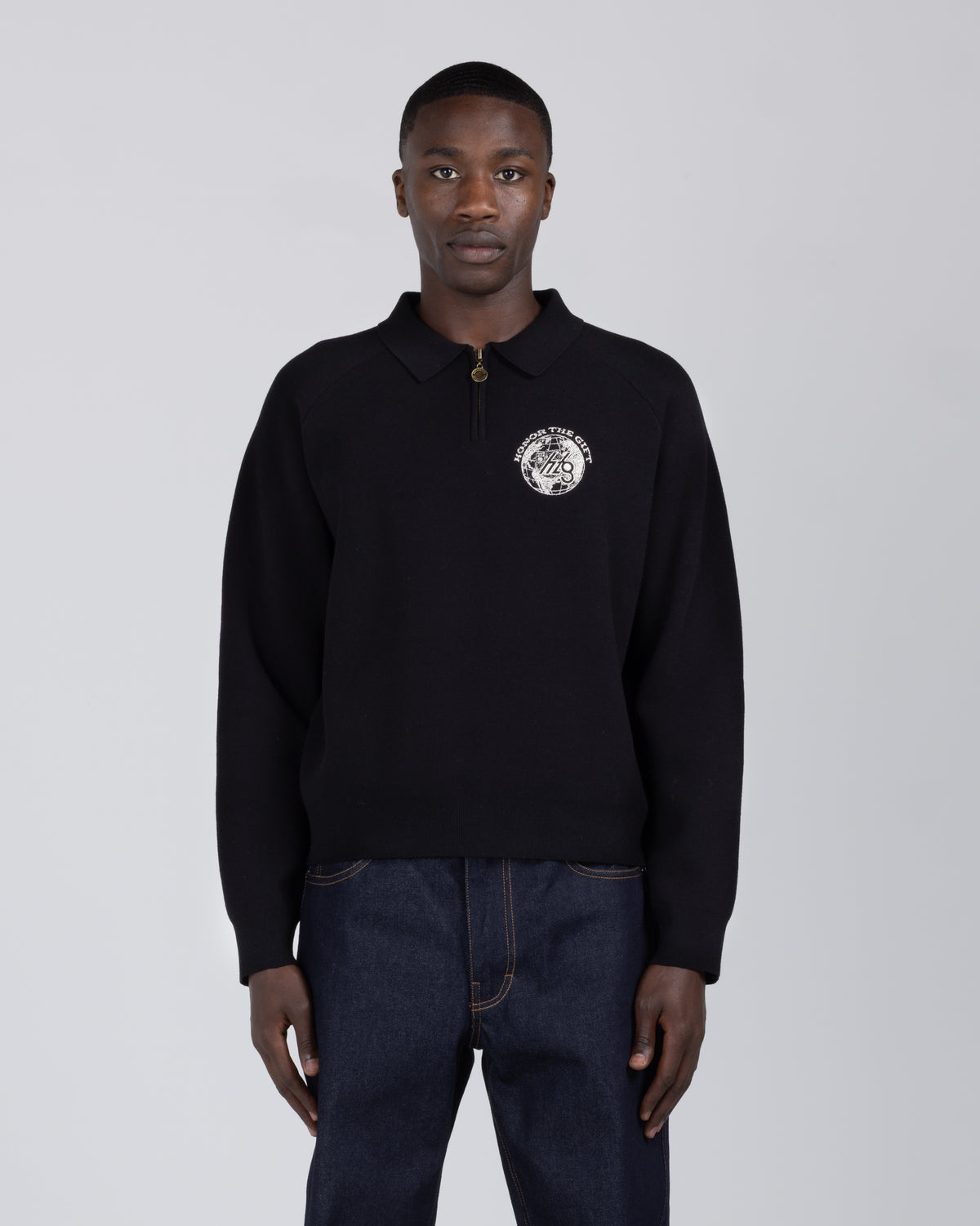 Knitted Zip L/S Polo - Black