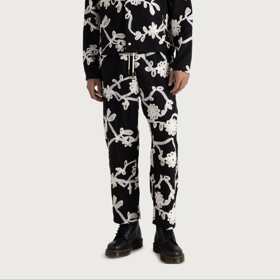 花卉缎带踝裤 - 黑色