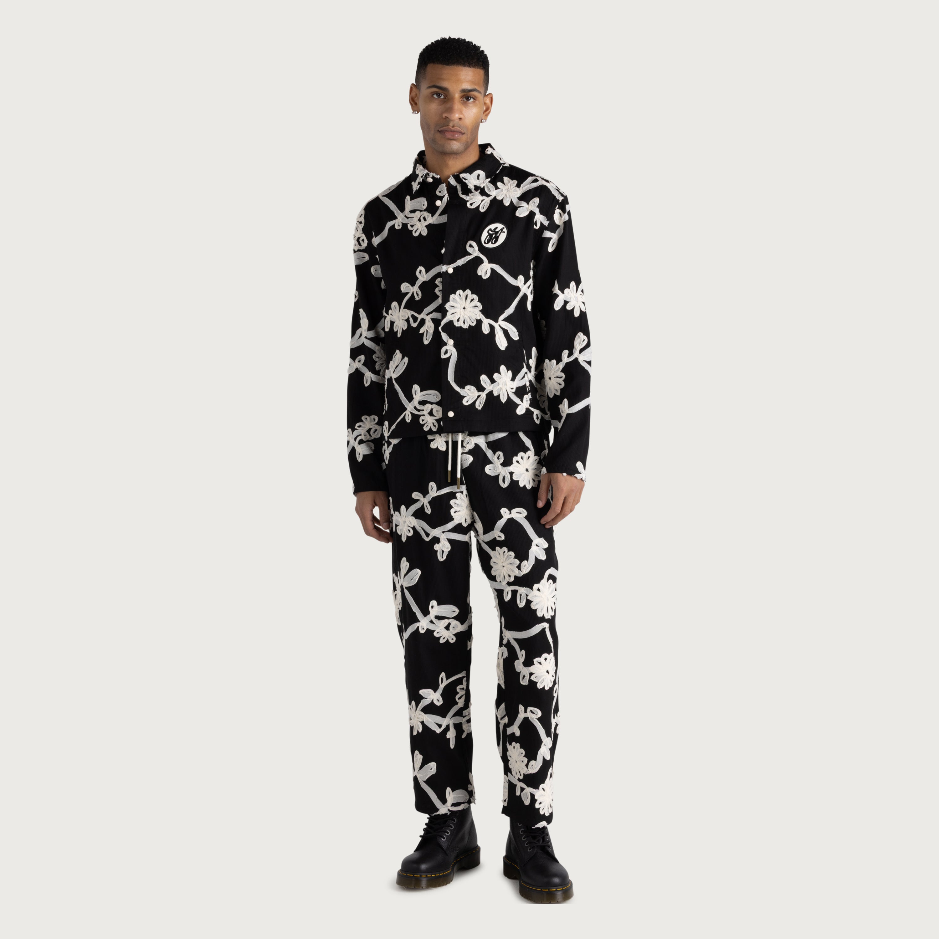 Floral Ribbon Ankle Pant - Black