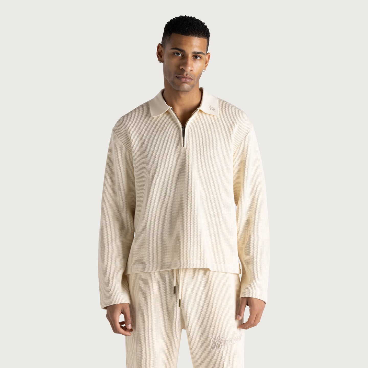 Wavy Knit L/S Polo - Bone