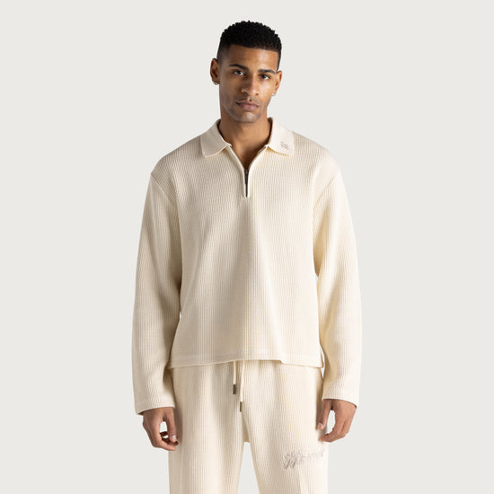 Wavy Knit L/S Polo - Bone