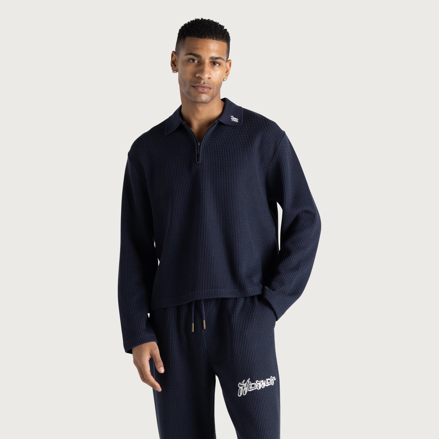 Wavy Knit L/S Polo - Navy