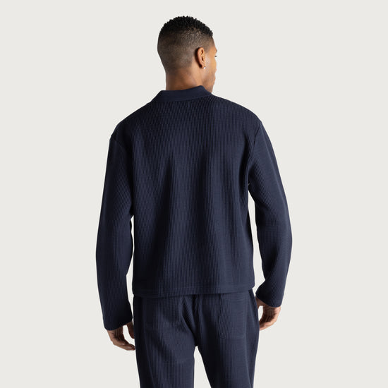 Wavy Knit L/S Polo - Navy