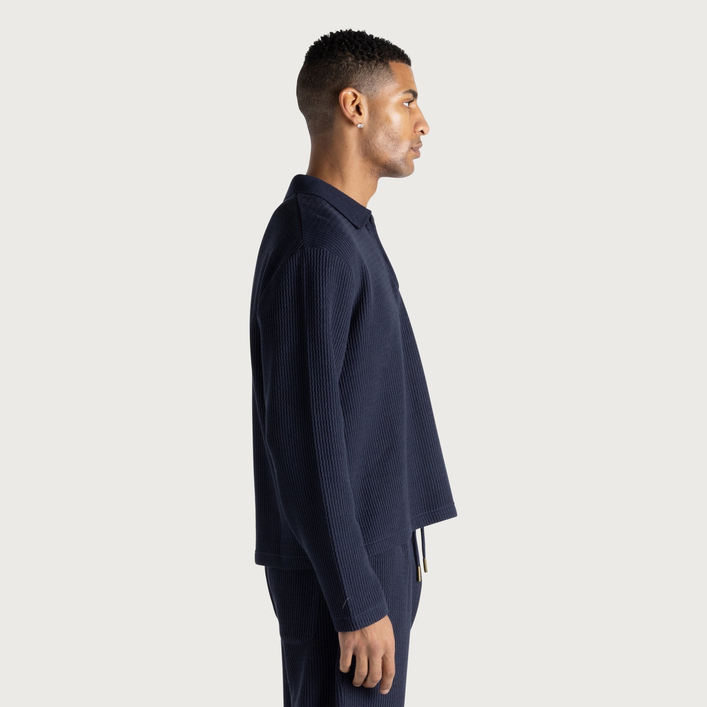 Wavy Knit L/S Polo - Navy