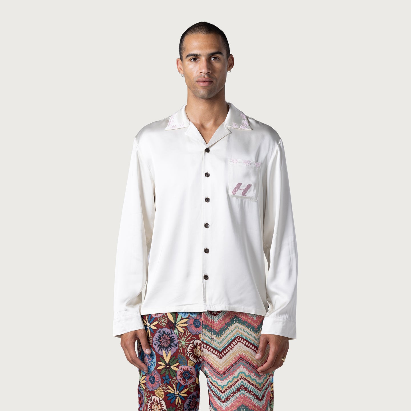 Palm Stitch LS Button Up - Cream