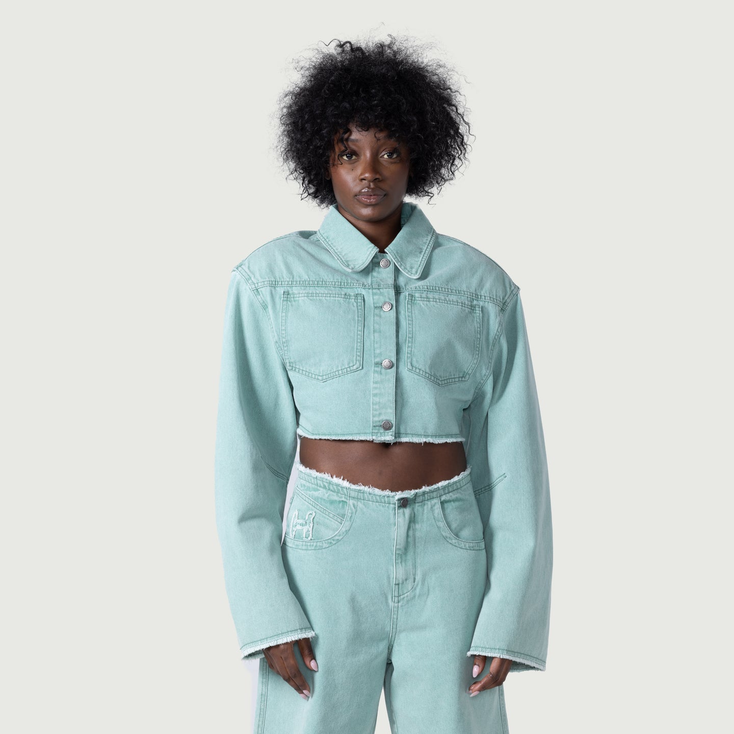 Raw Edge Cropped Jacket - Green
