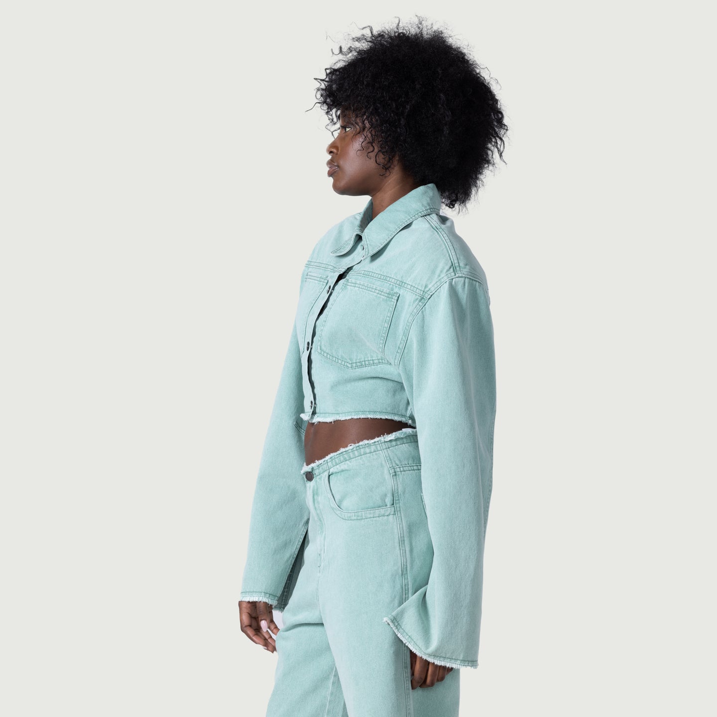 Raw Edge Cropped Jacket - Green
