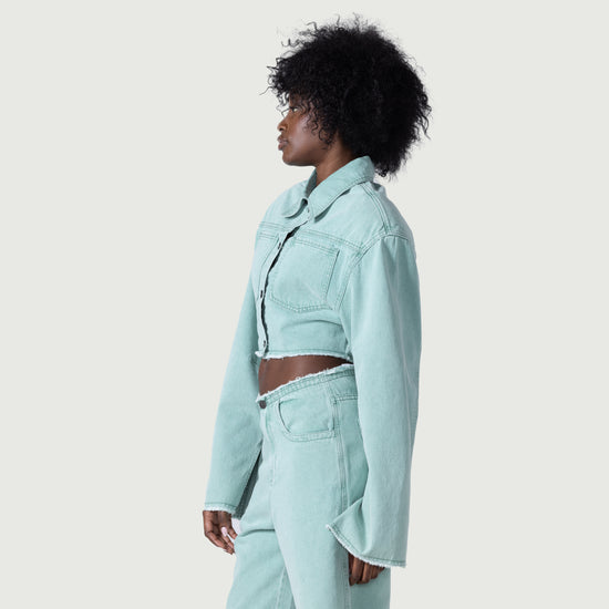 Raw Edge Cropped Jacket - Green