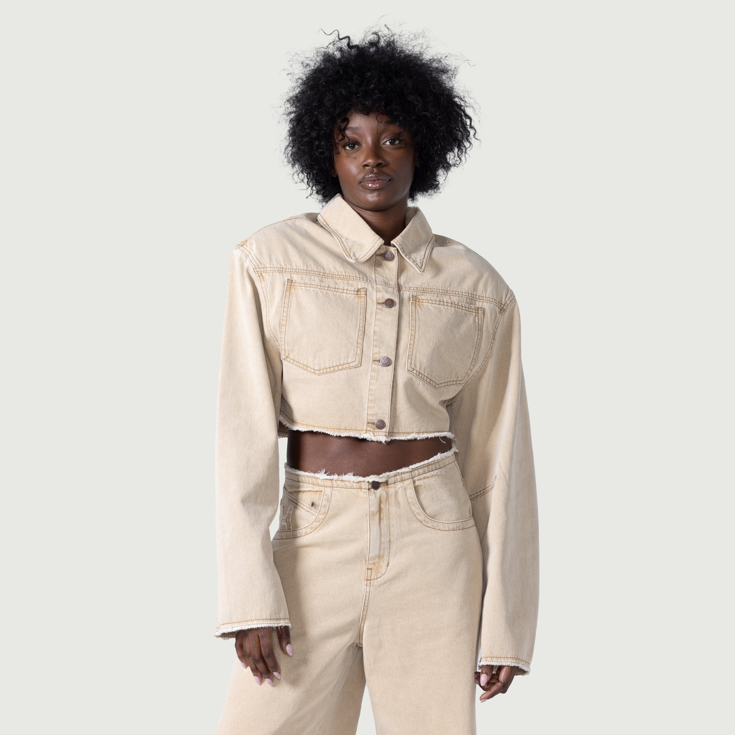 Raw Edge Cropped Jacket - Tan