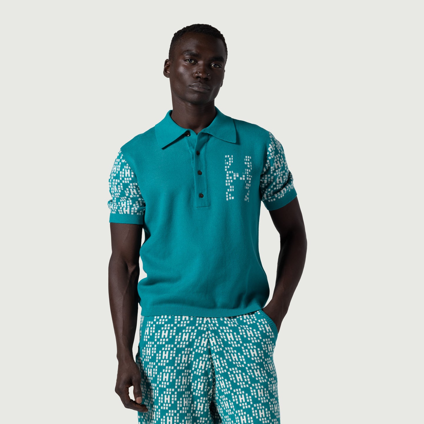 Knit H Pattern Polo - Teal