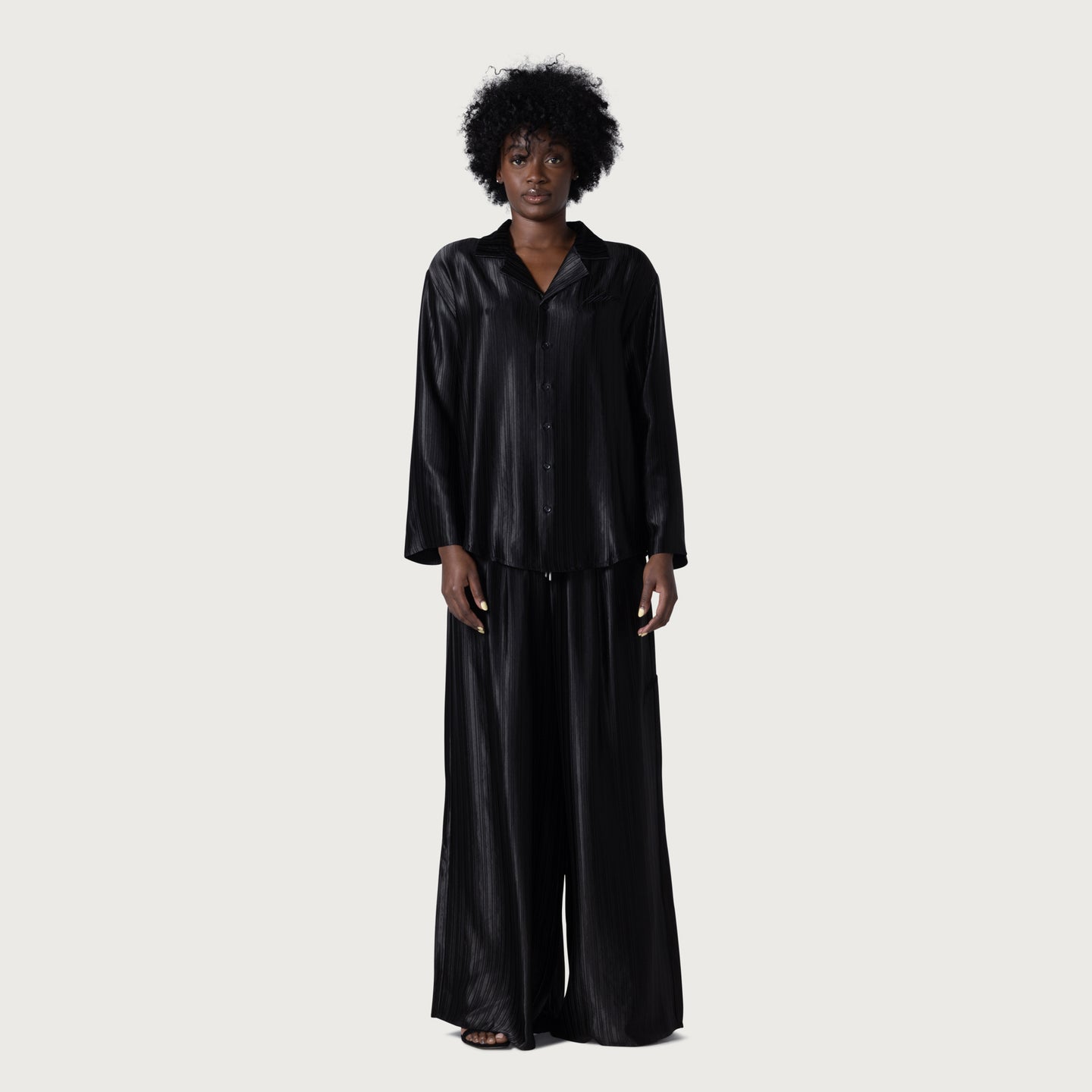 Loose Satin Stripe Wide Leg - Black