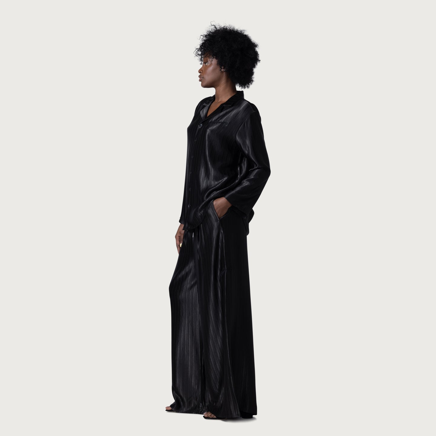 Loose Satin Stripe Wide Leg - Black