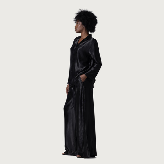 Loose Satin Stripe Wide Leg - Black