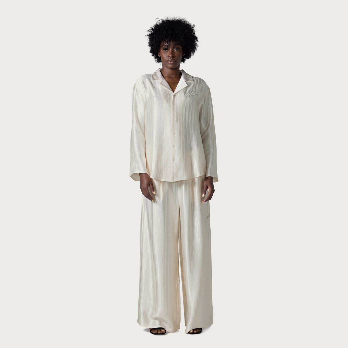 Loose Satin Stripe Wide Leg - Cream