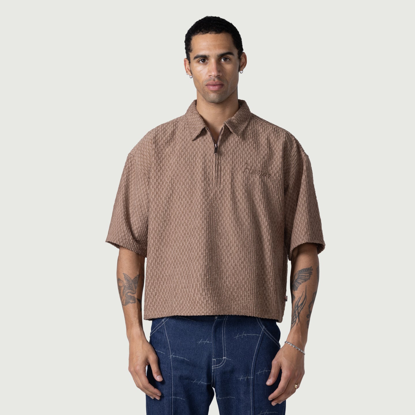Textured Knit Qtr Zip - Brown