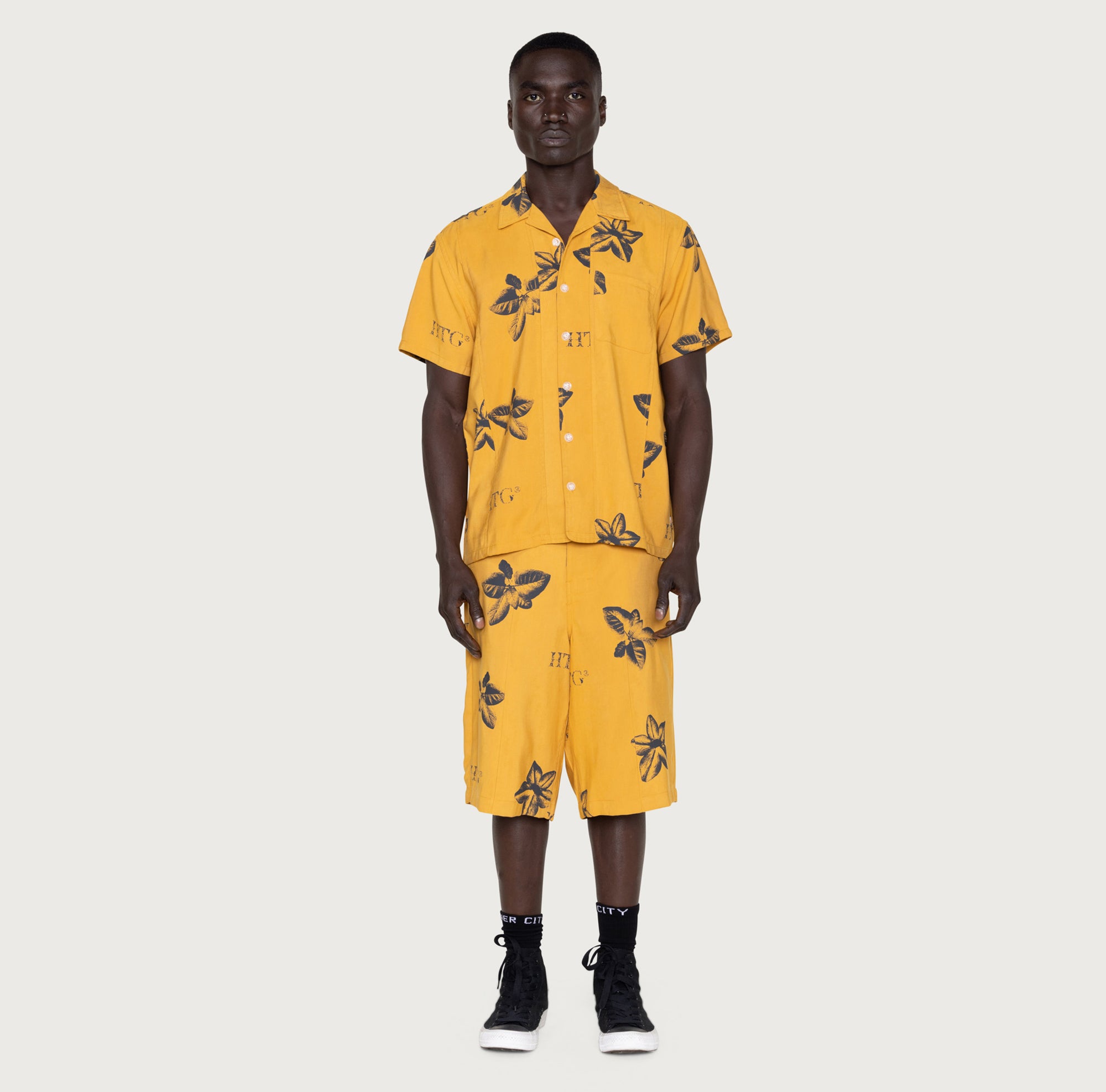 Mustard yellow short sleeve best sale button up