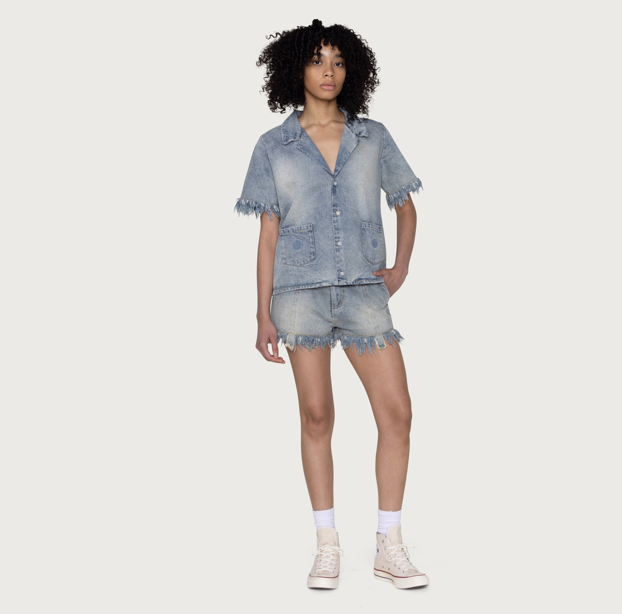 Womens Denim Camp S/S Button Up - Light Indigo