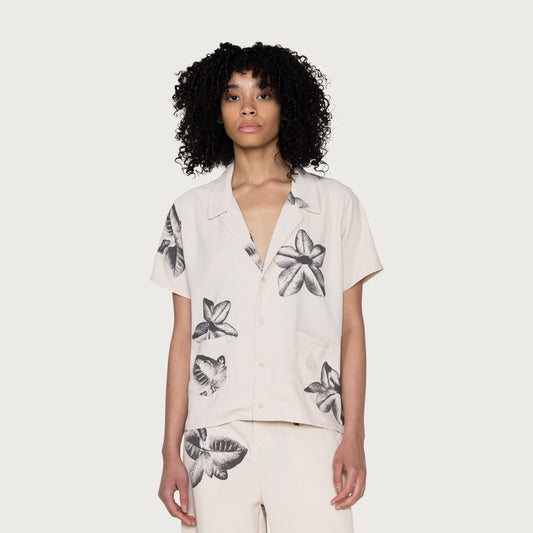 Womens Floral Camp S/S Button Up - Cream