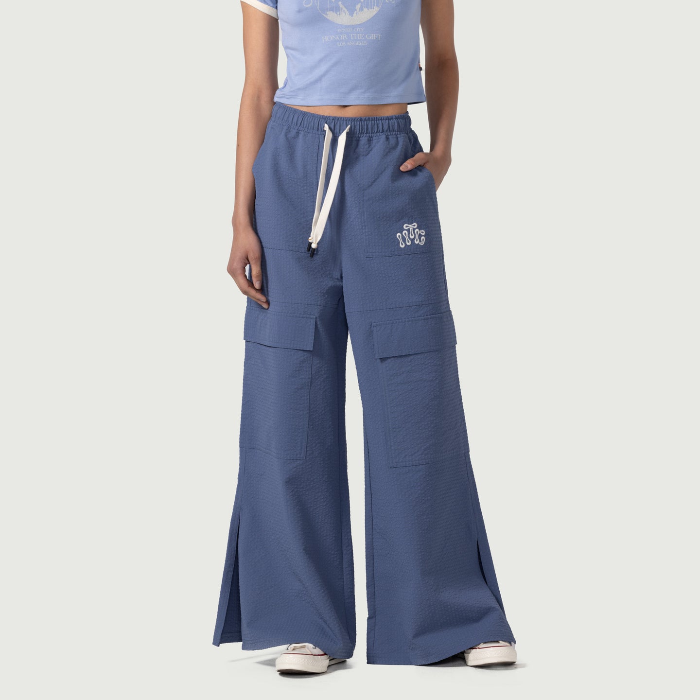 Womens Drawstring Loose Cargo Pant - Sky Blue