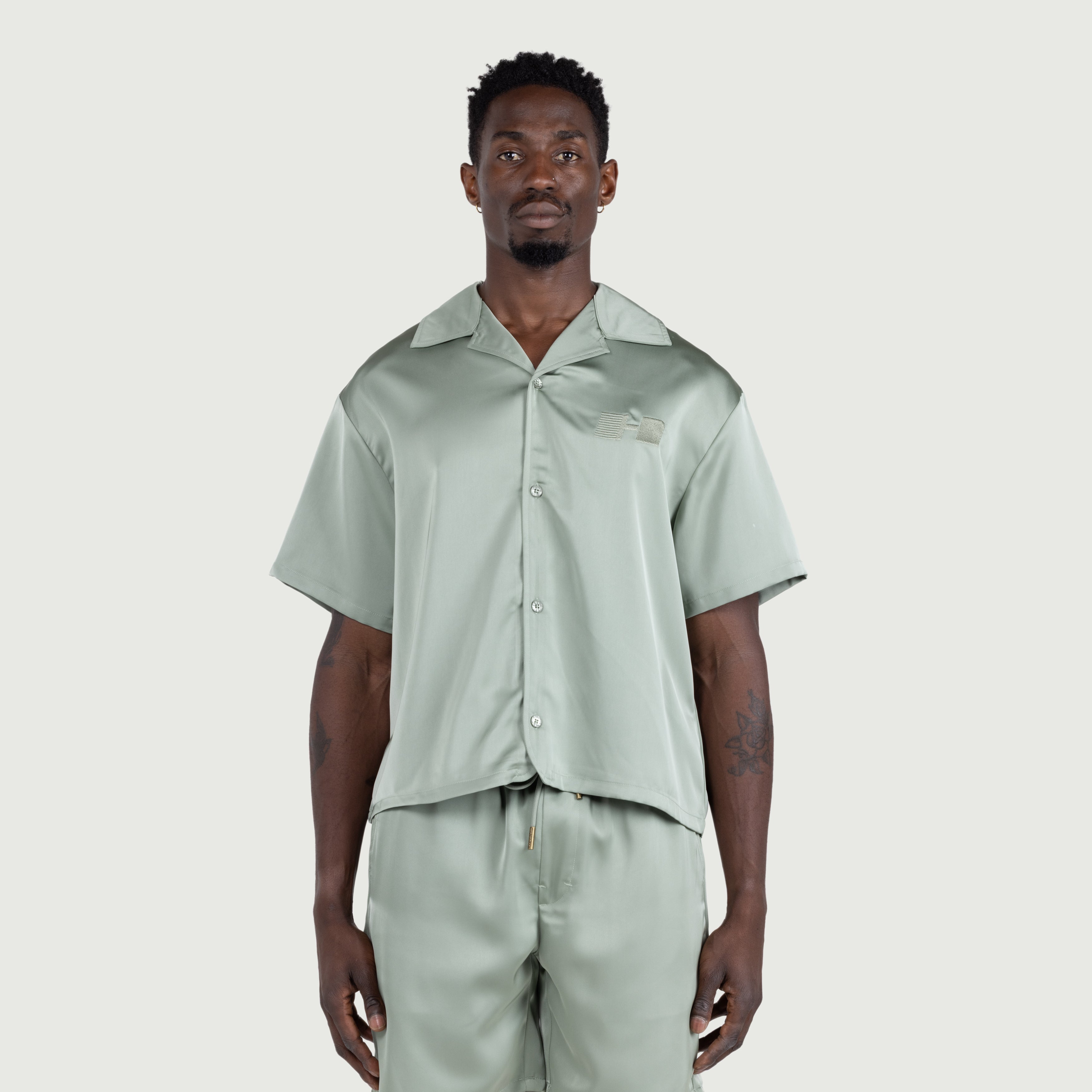 Satin Chest Logo Camp Collar - Sage