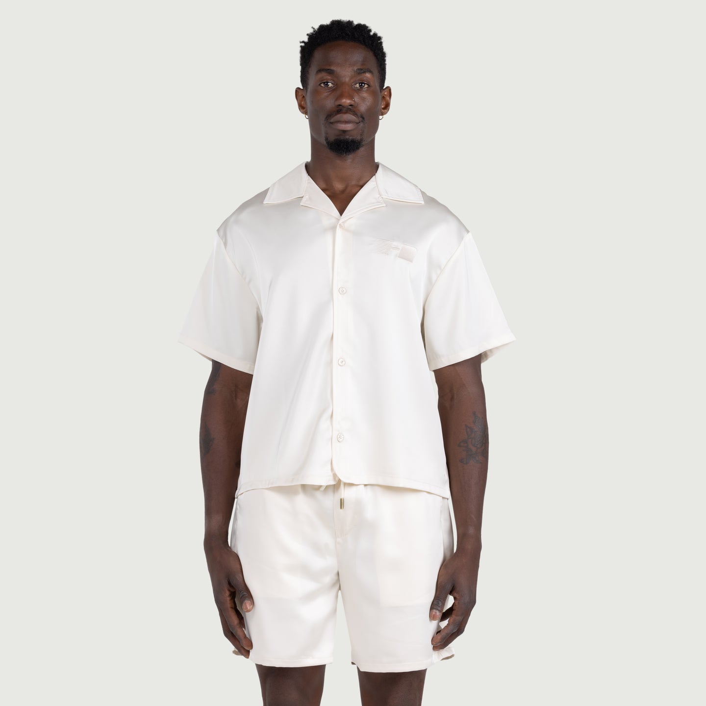 Satin Chest Logo Camp Collar - Sand